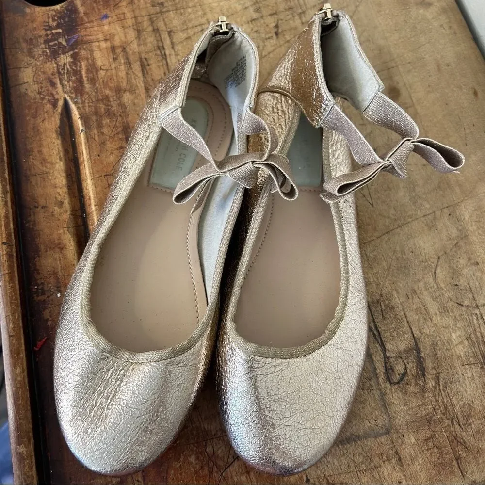 Kenneth Cole Rose Gold Metallic Ankle Strap Flats Shoes Bow Detail Girls 4.5